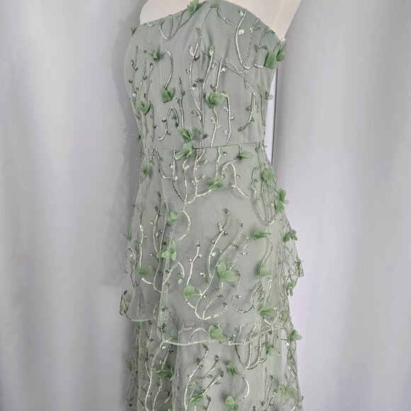 Dessy Collection Strapless Green 3D Embroidered Sequin Tiered Maxi Dress Sz 14R - Picture 6 of 14